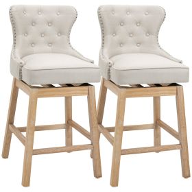 Upholstered Fabric Bar Height Bar Stools, 180�� Swivel Nailhead-Trim Pub Chairs, 30" Seat Height with Rubber Wood Legs, Set of 2, Cream